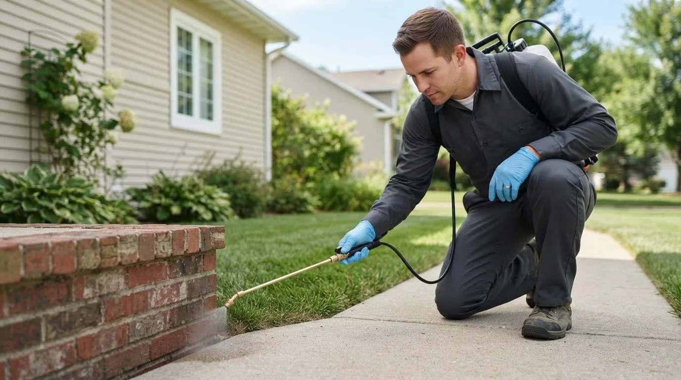 Pest control technician treating a home near Chapin, IA