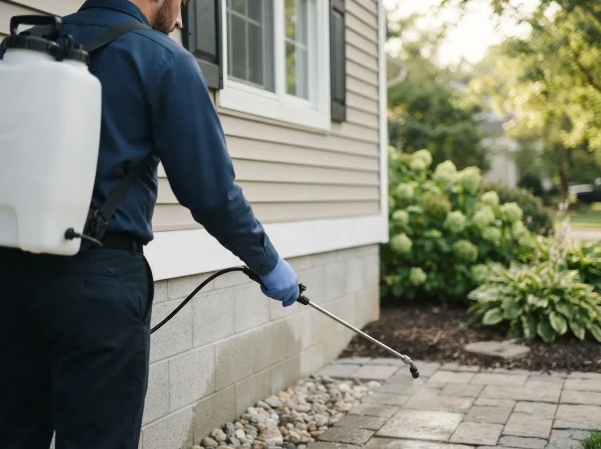 Pest control technician inspecting a home in Chapin, IA